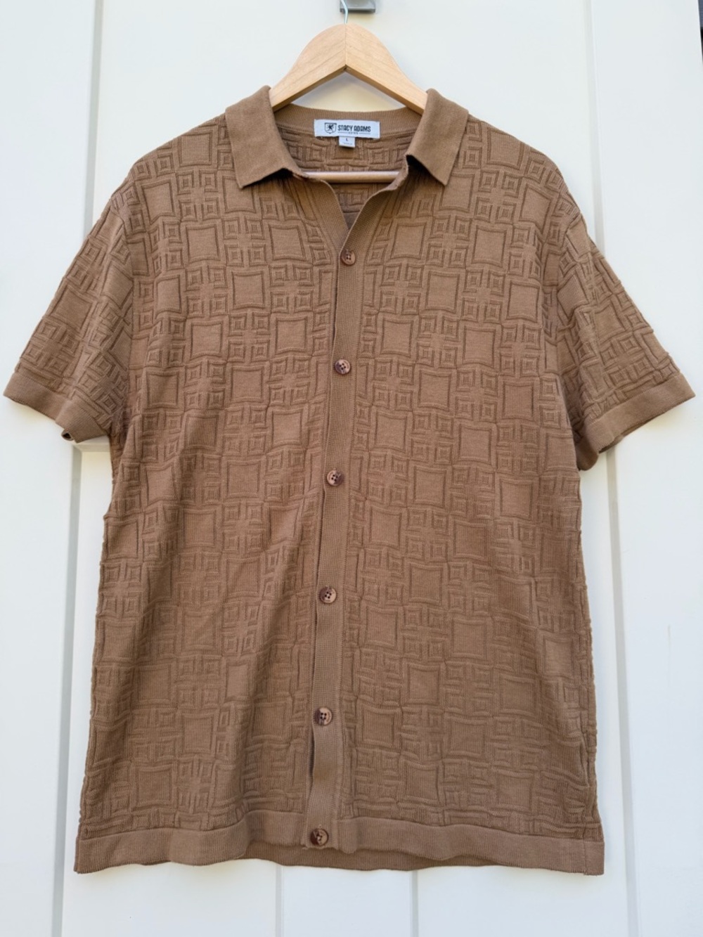 Mens Large Stacy Adams Italian Style Knit Woven Shirt Short Sleeves - Cafe Brown